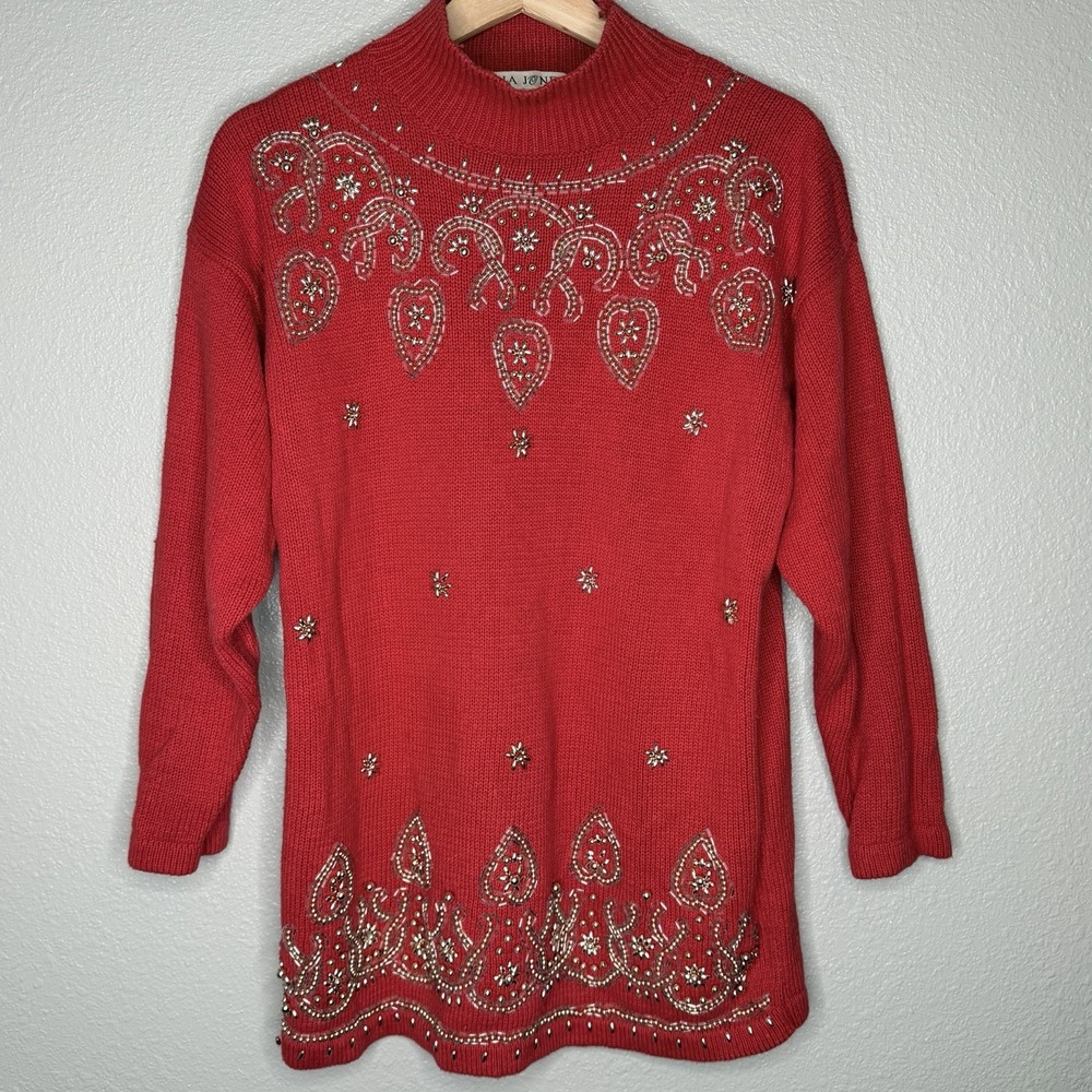 VTG Victoria Jones Red Paisley Beaded Holiday Mock Neck Sweater‎ 90s Ramie Small